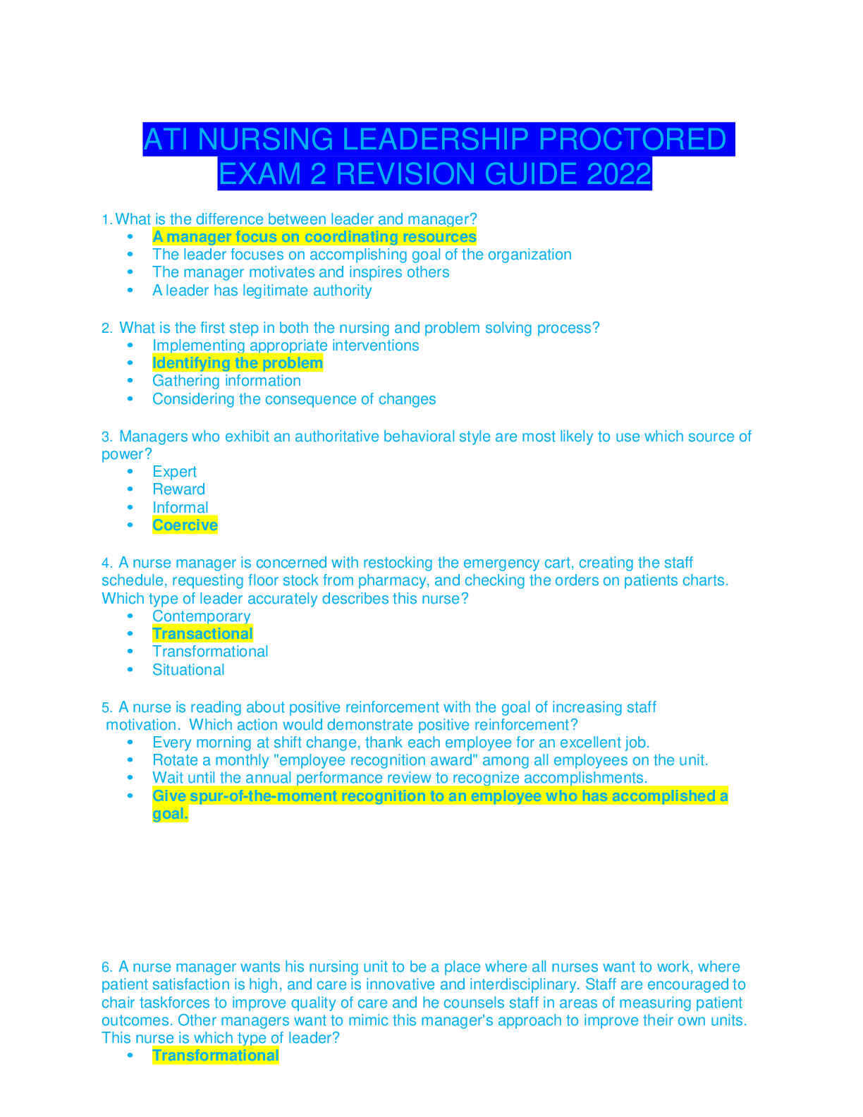 Preview image for ATI NURSING LEADERSHIP PROCTORED EXAM 2 REVISION GUIDE 2022